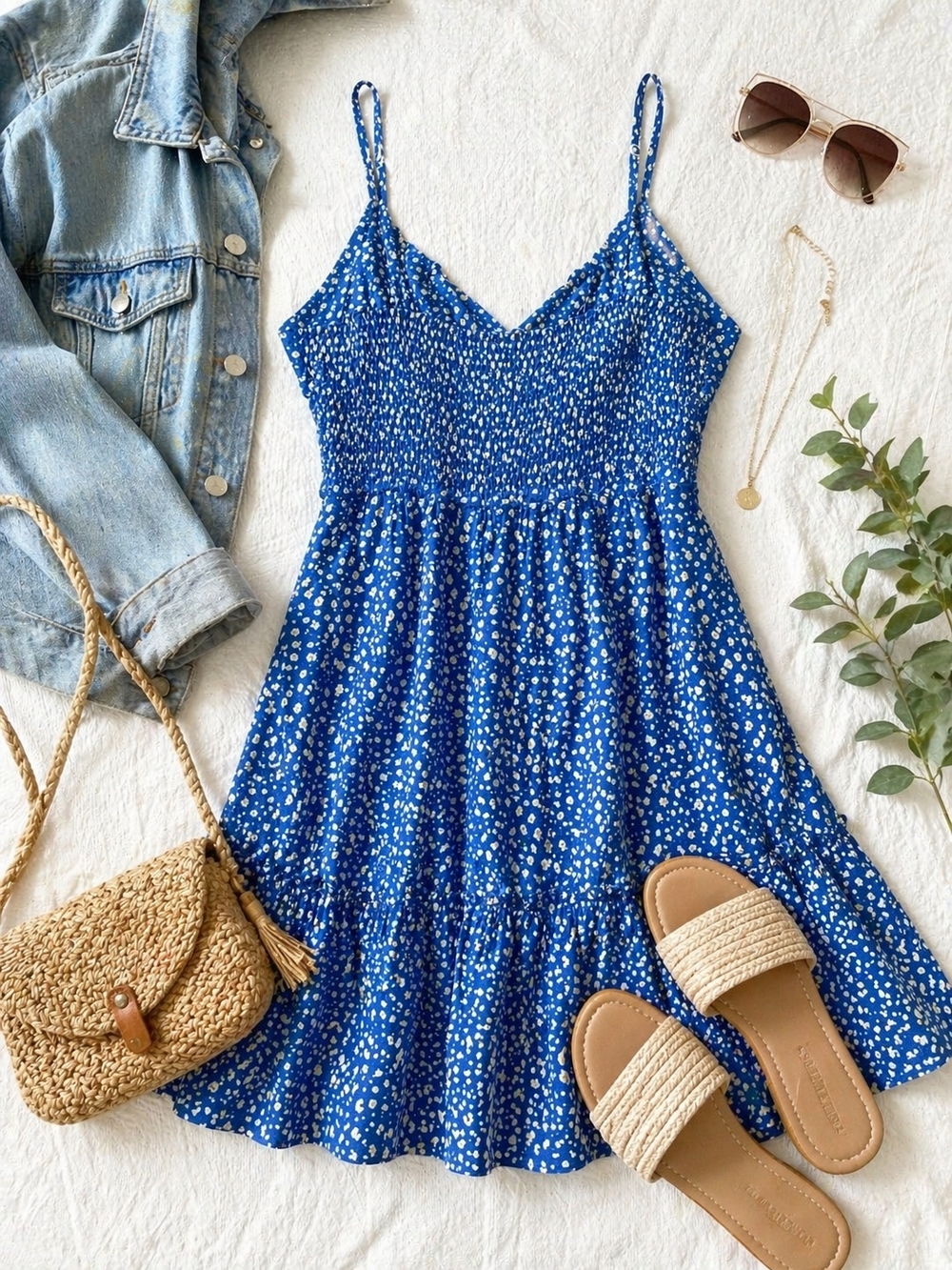 SHEIN Blue Floral Smocked Mini Dress with Spaghetti Straps PTP 18" plus stretch